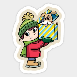 boy holds a Christmas gift box and the dog peeks out of it Sticker